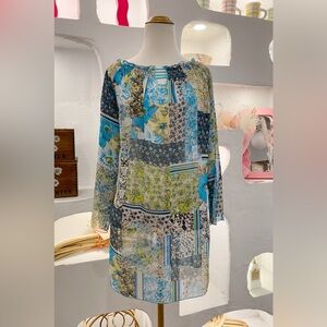 Y2K Blue & Green Sheer Mesh Long Sleeve Floral Patchwork Tunic Top Mini Dress